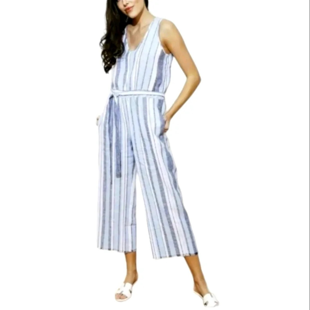 Anthropologie Cloth & Stone Linen Blend Beachy Striped Jumpsuit Size Small